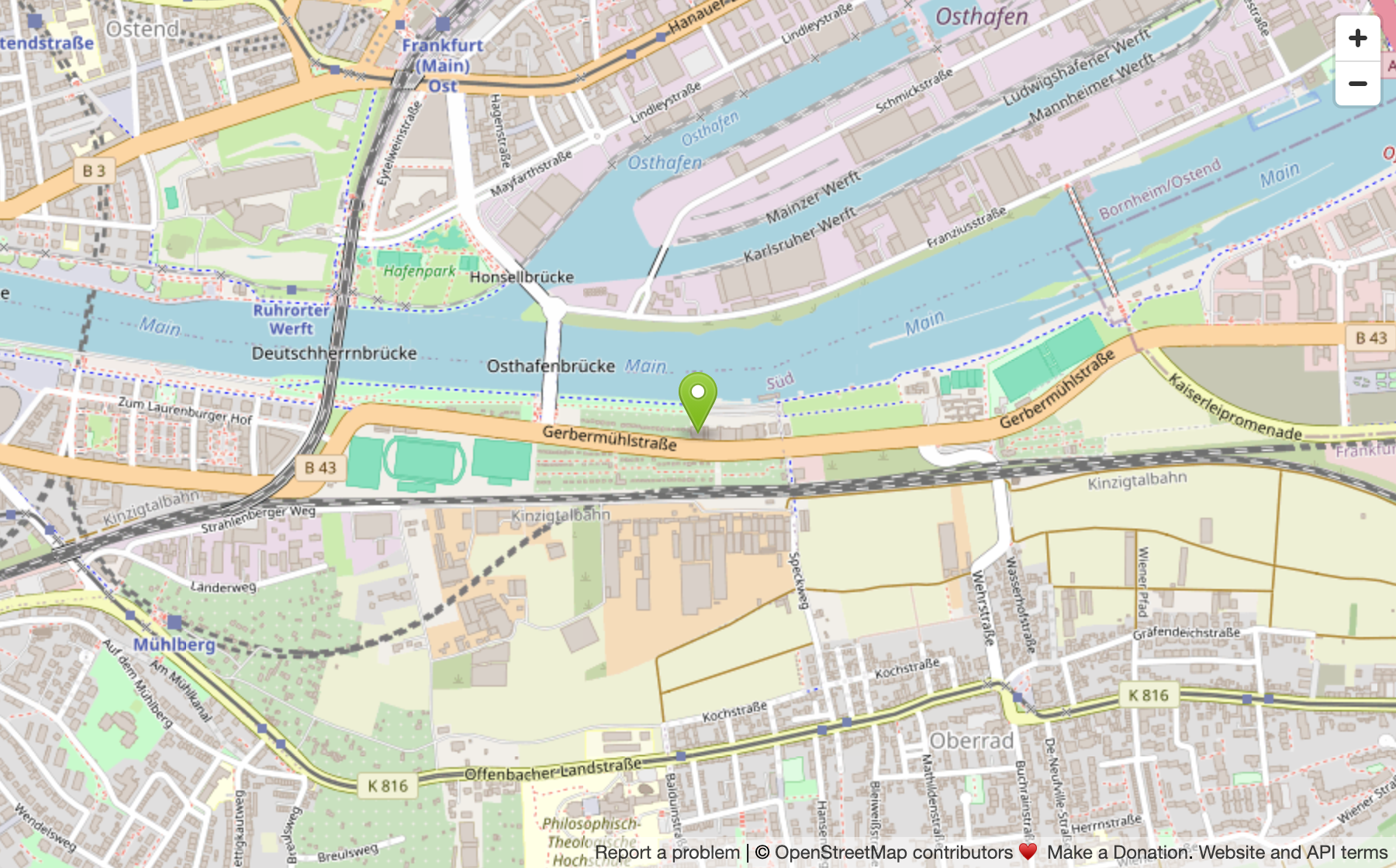 Karte: Lage des FRGS-Bootshauses am Mainwasenweg 35, Frankfurt-Sachsenhausen